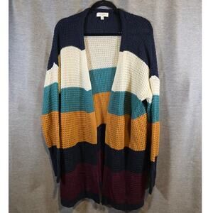 Umgee Colorblock Cardigan Blue Yellow Maroon Stripe Sz 1XL Open Front Sweater